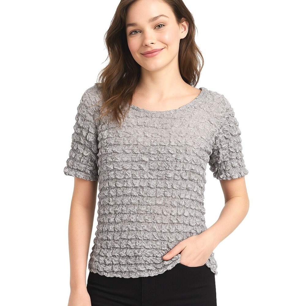 FC Gray Crinkle Plisse Scoop Neck Stretch Blouse Short Sleeve Textured Top